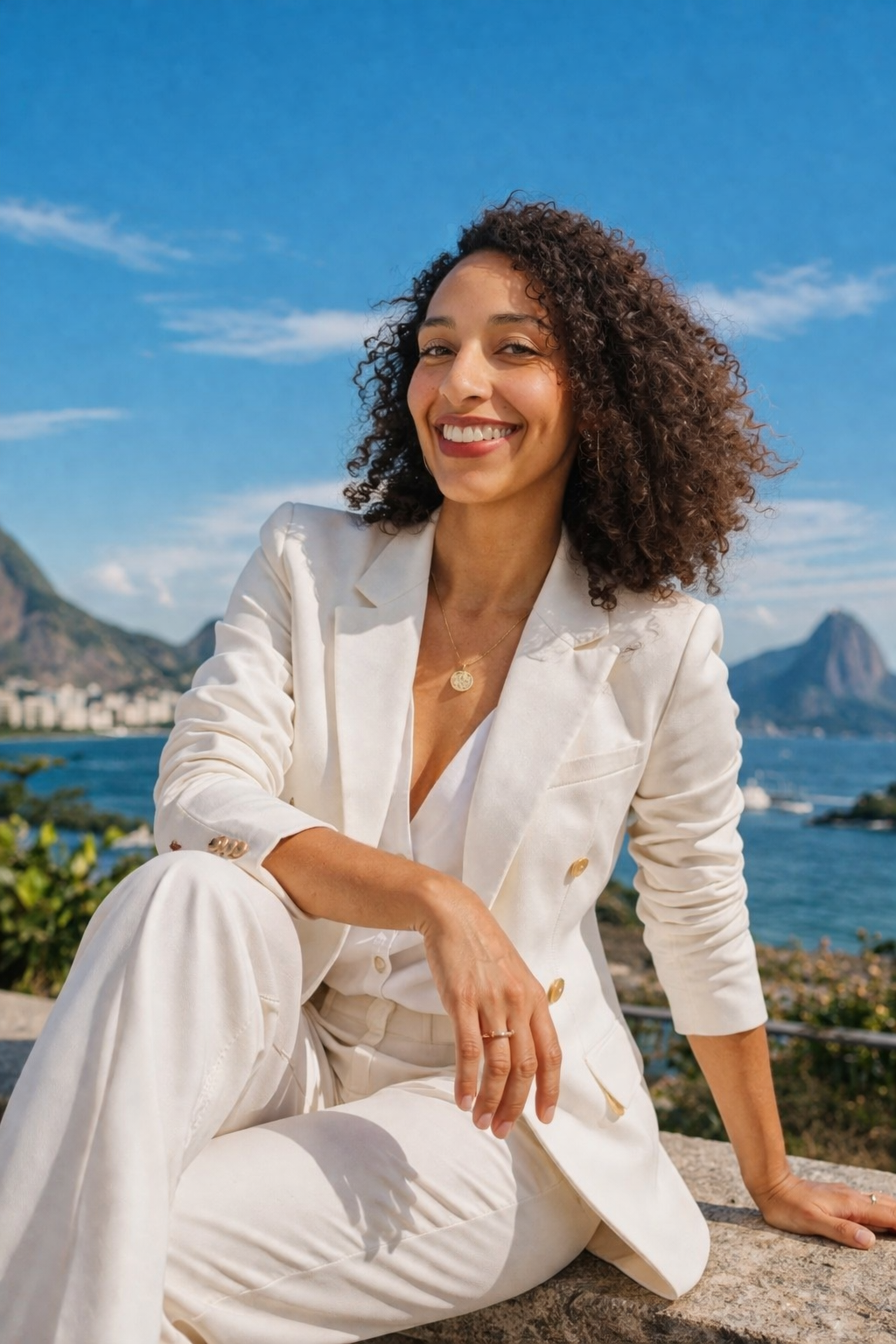 Patrícia Leite sorrindo com o Rio de Janeiro ao fundo