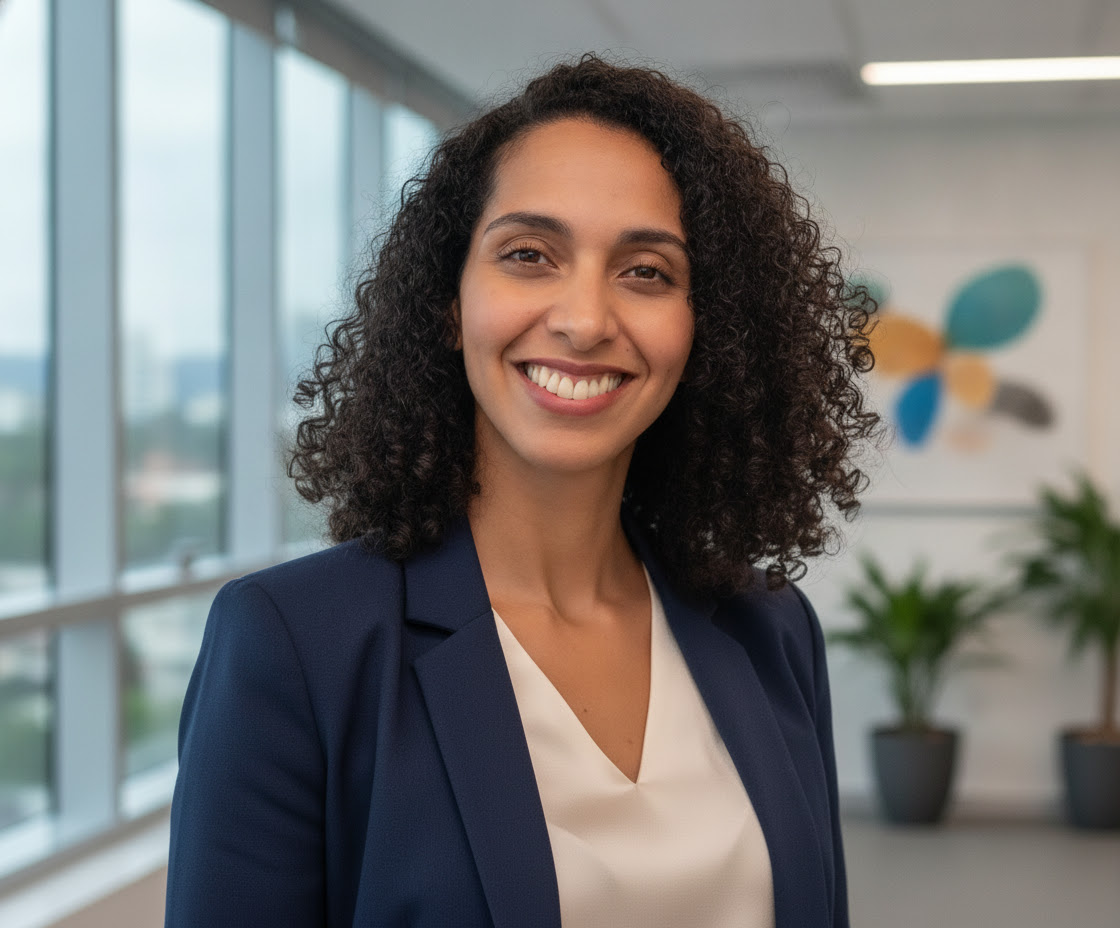 Patrícia Leite sorrindo com o Rio de Janeiro ao fundo