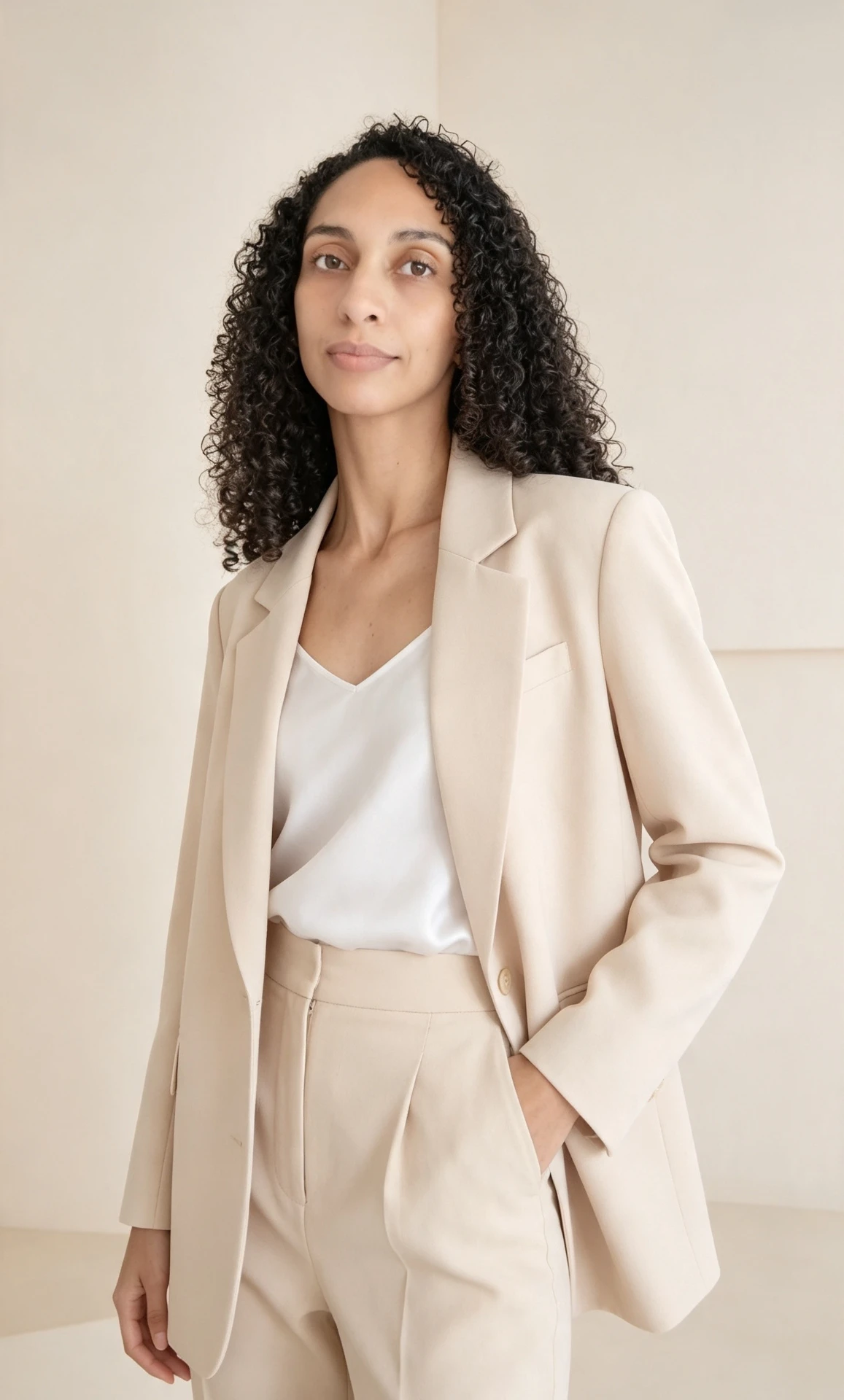Patrícia Leite em retrato elegante com blazer bege